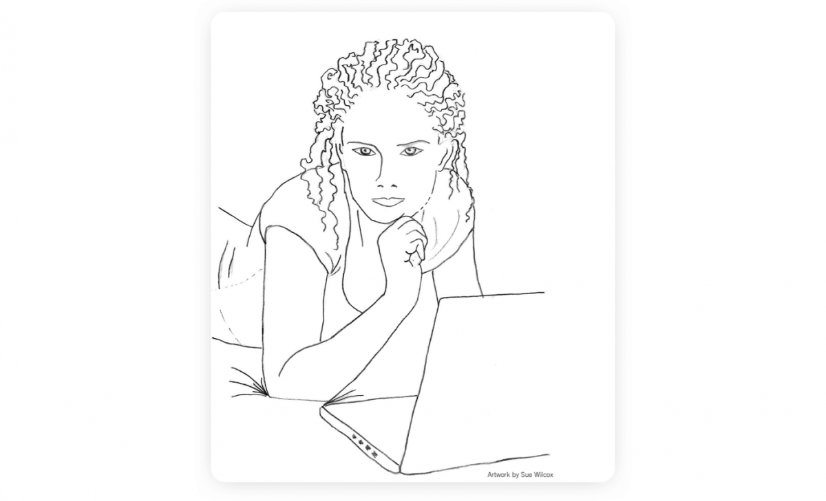 ejemplo de chatbot Rose IA Un dibujo del chatbot Rose por Sue Wilcox