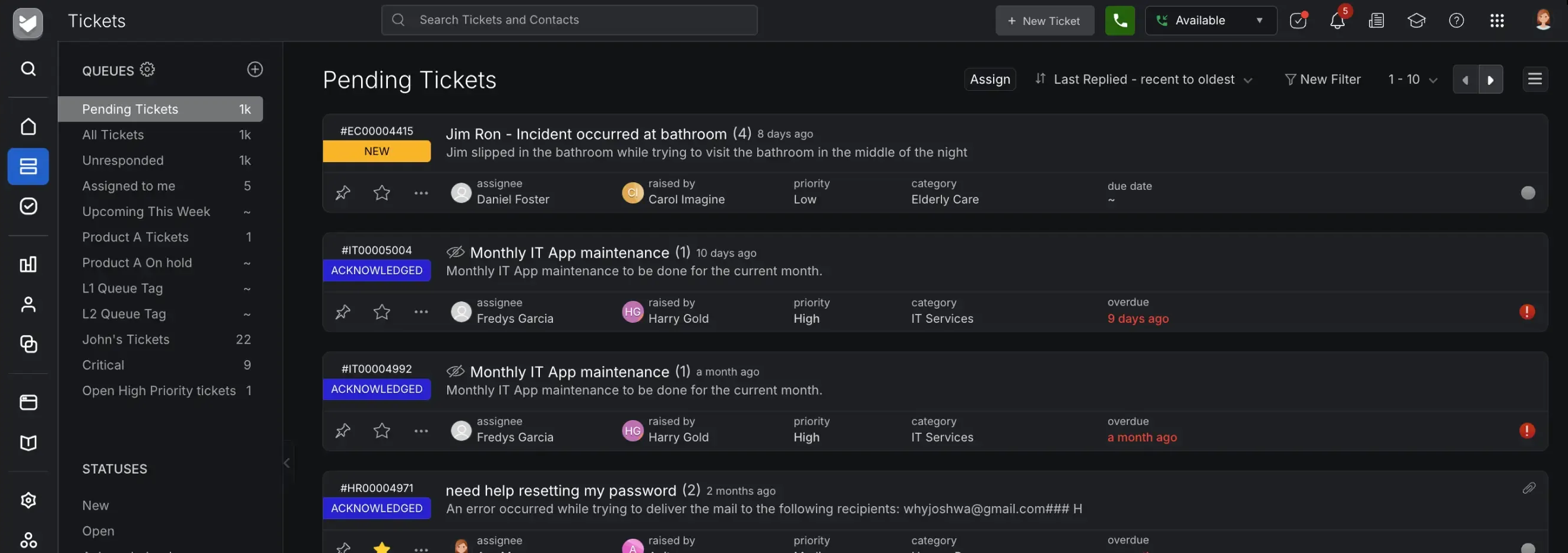 HappyFox help desk ticket queue with assignee, priority, and category columns