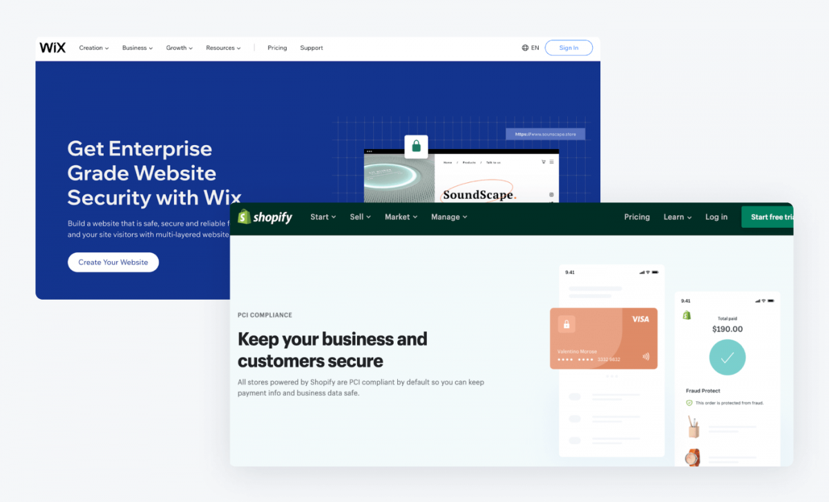 Wix's and Shopify's security pages