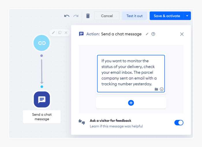 chatbot builder to add a feature that asks for feedback at the end of the chatbot message