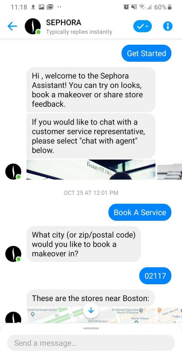 Sephora live chat messeger