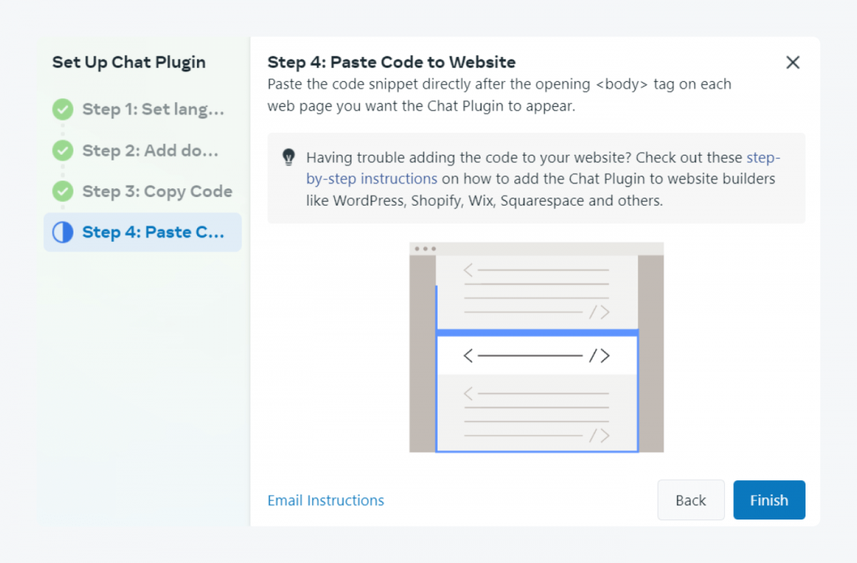 Step 4 of Chat Pluging Setup - Paste Code to Website