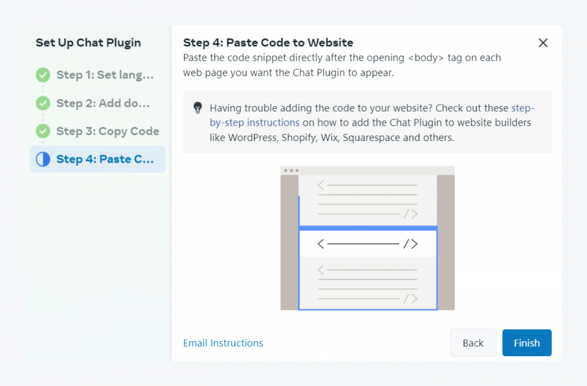 agregar messenger a tu sitio web Paso 4 de la configuración del plugin de chat - Pegue el código en el sitio web