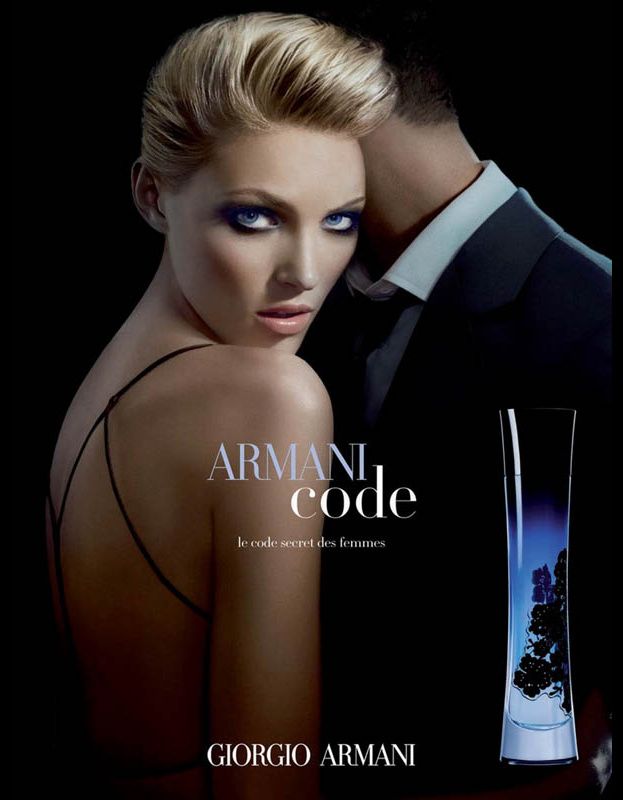 A perfume ad by Giorgio Armani and Armani code with a sexually attractive woman - an example of objectified female body and sex appeal used in advertising