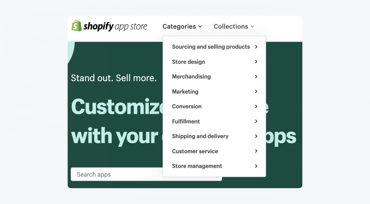 Shopify app store categories drop down list