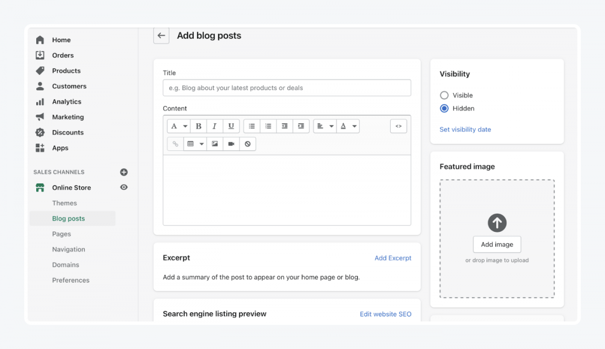 Shopify's panel: add blog posts tab