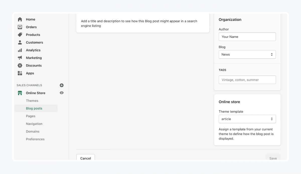 Shopify's panel: add blog posts tab