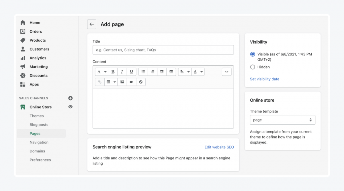 Add page panel in shopify store settings