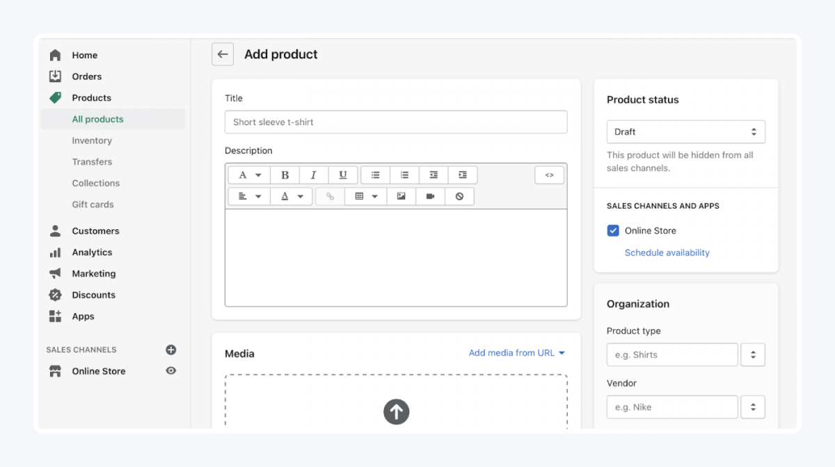 Shopify's panel: add product tab