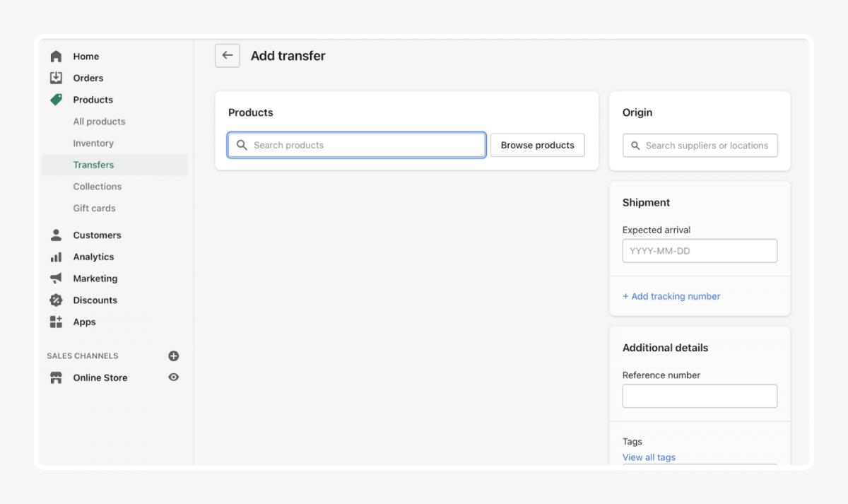 Shopify's panel: add transfer tab