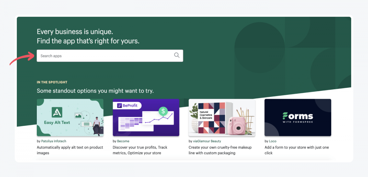 Shopify's search apps bar