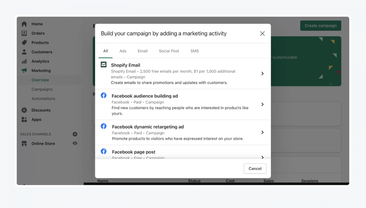 Shopify's panel: marketing campaigns tab