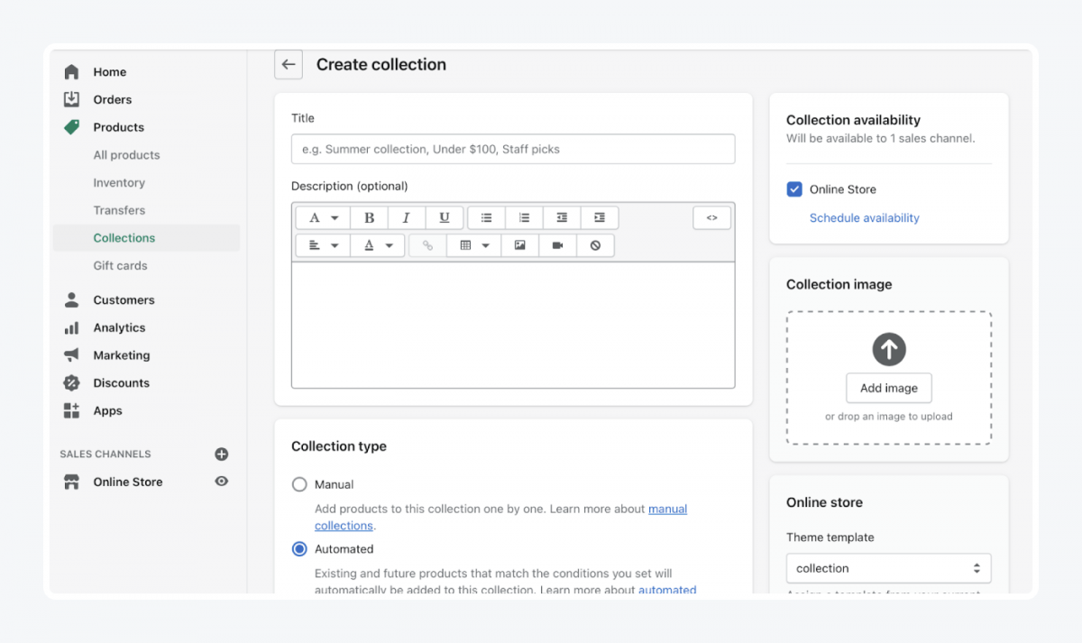 Shopify's panel: create collection tab