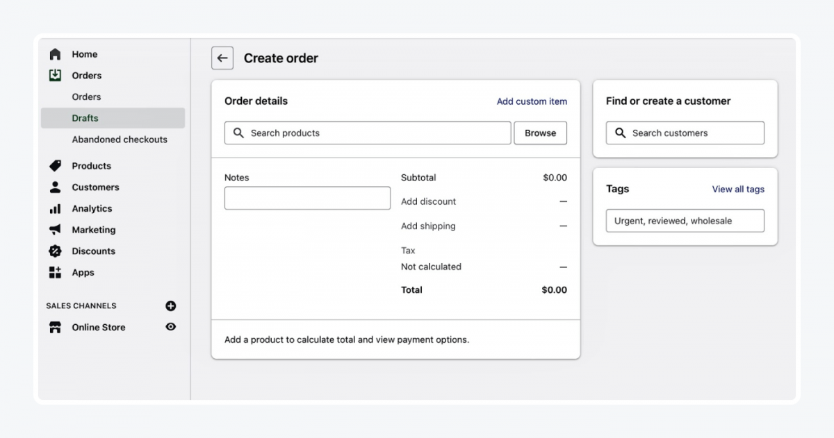 Shopify's panel: create order tab