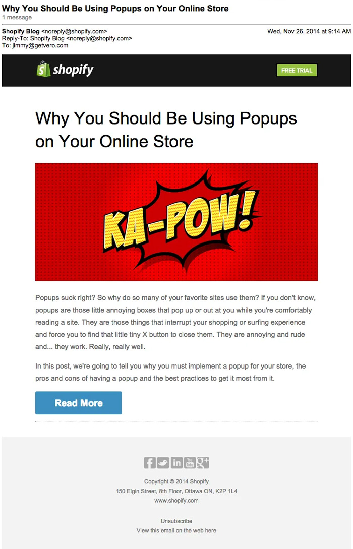 Customer onboarding email example from Shopify