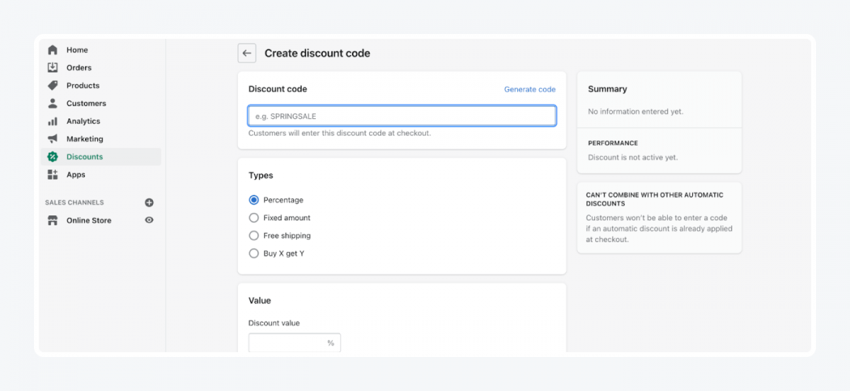 Shopify's panel: create discount code tab