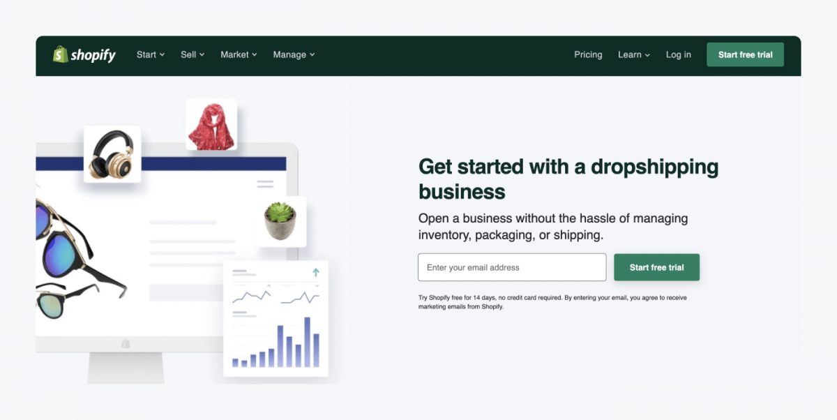 Shopify's page for dropshipping businesses