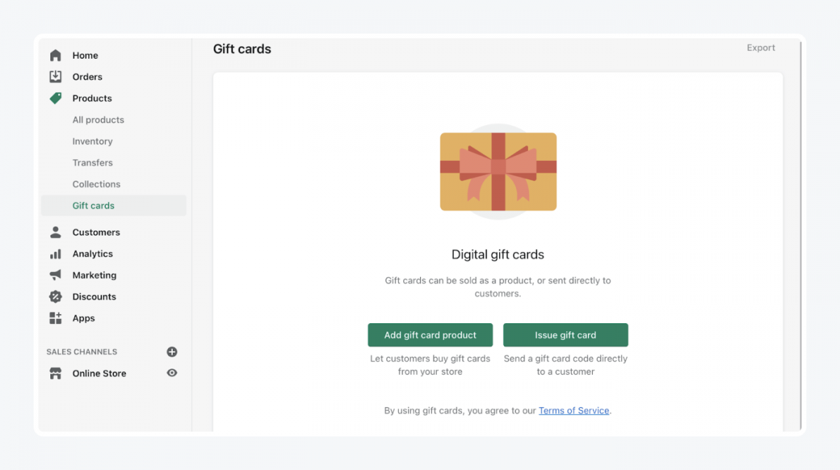 Shopify's panel: gift cards tab