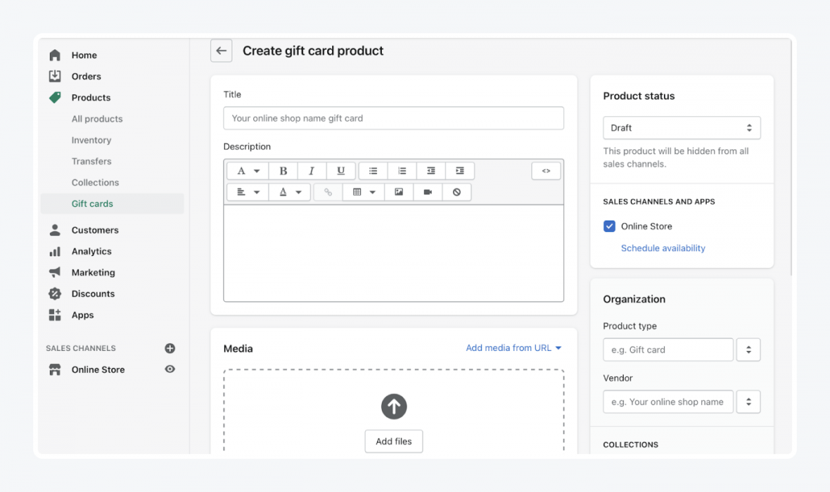 Shopify's panel: create gift card product tab