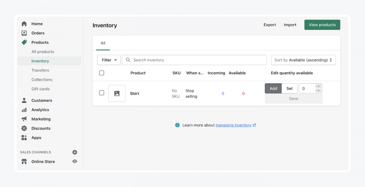 Shopify's panel: inventory tab