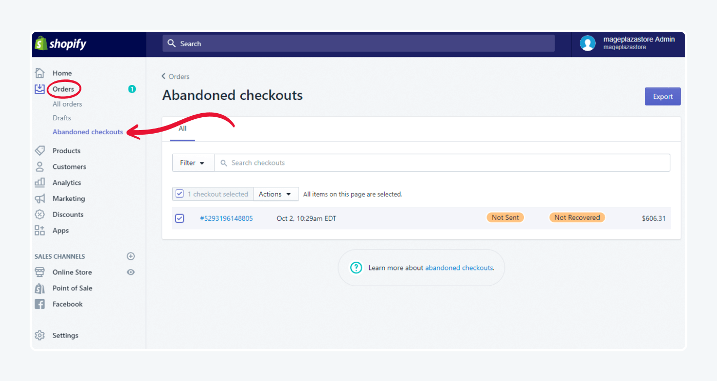 Shopify admin Abandoned checkouts list under Orders