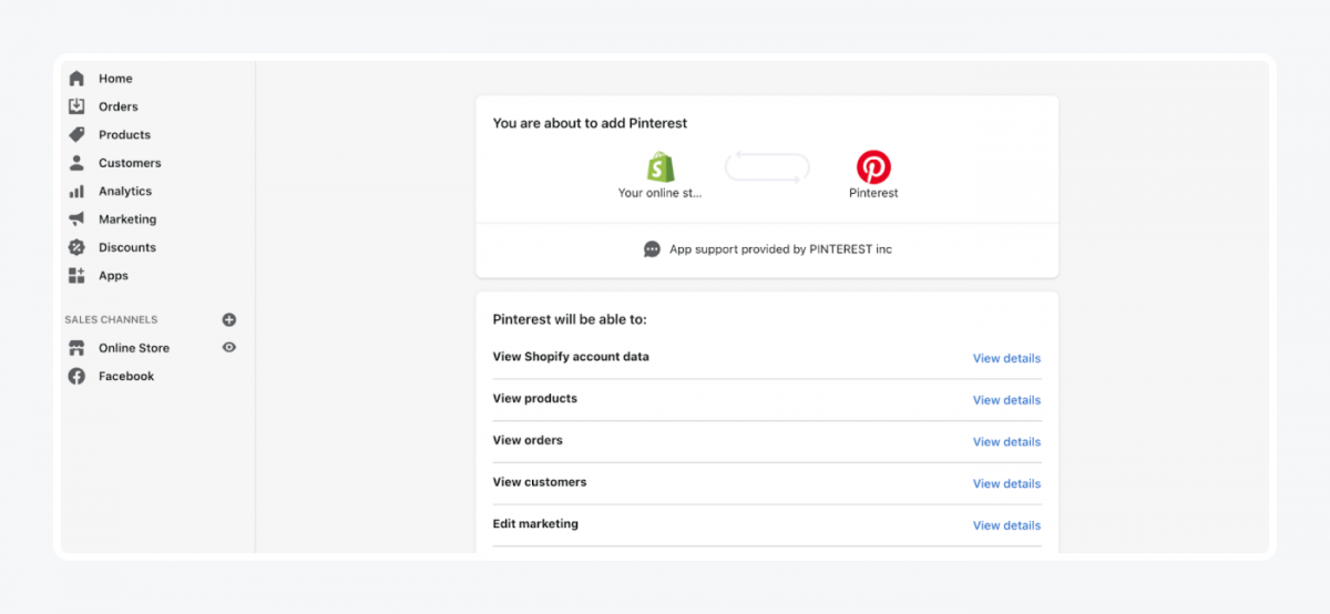 Shopify's panel: pinterest integration tab