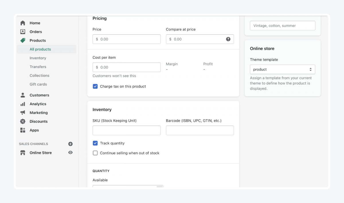 Shopify's panel: pricing tab