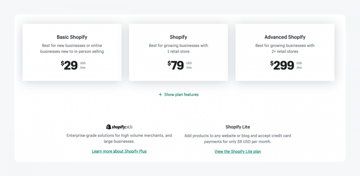 Shopify pricing main page