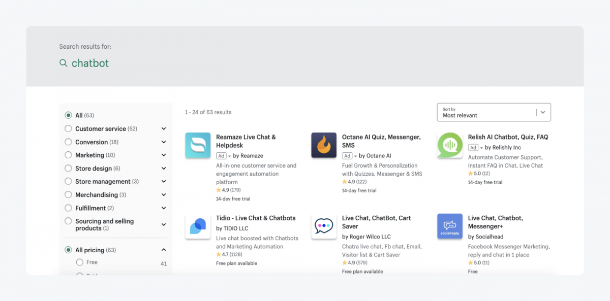 Shopify's search results for a keyword chatbot