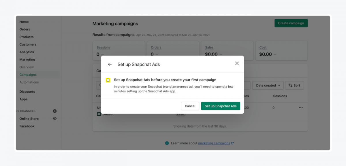 Shopify's panel: set up snapchat ads tab