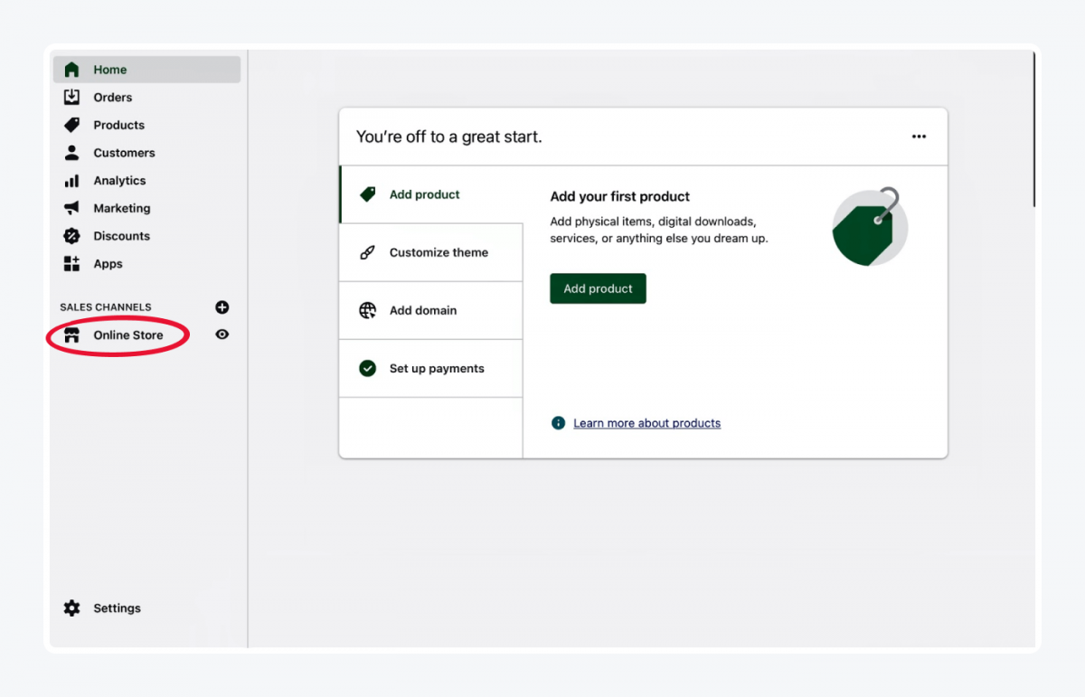 Shopify store settings with Online Store circled in sidebar on the left