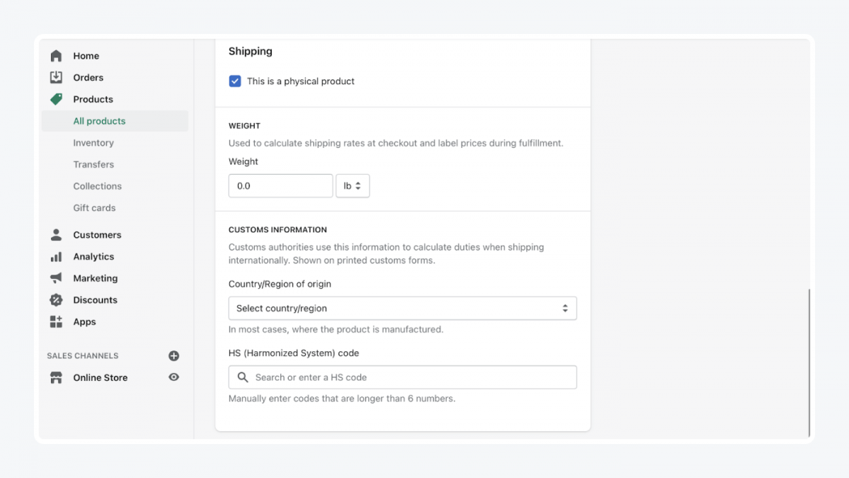 Shopify's panel: shipping tab