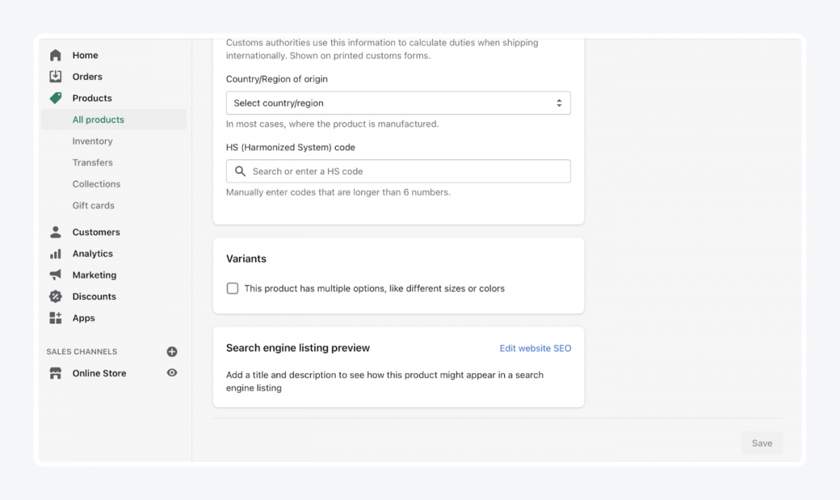 Shopify's panel: shipping tab