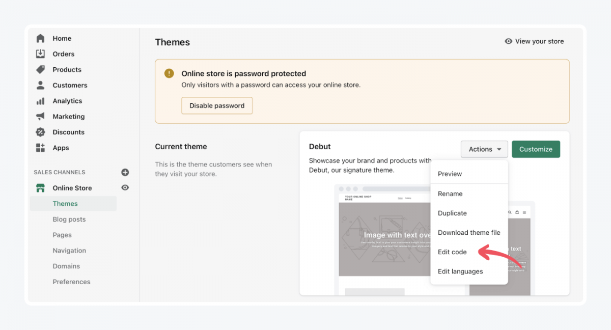 Shopify's panel: themes tab - edit code link