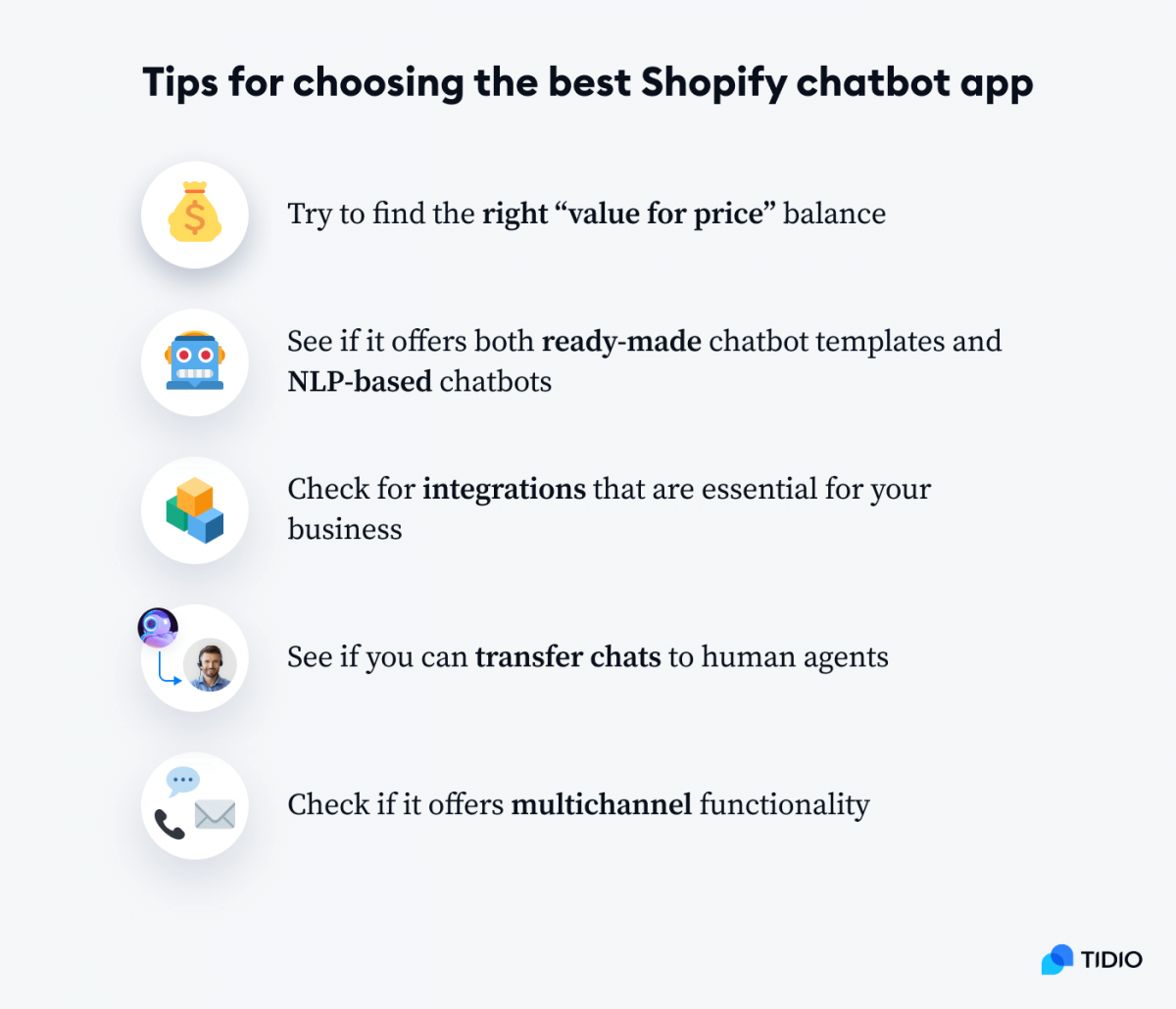 Infographic with tips for choosing the best Shopify chatbot app