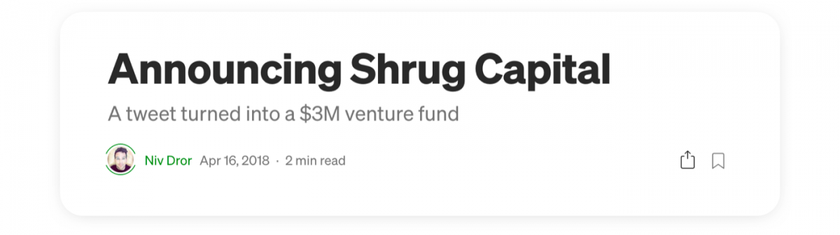 Shrug Capital venture announcement on Medium