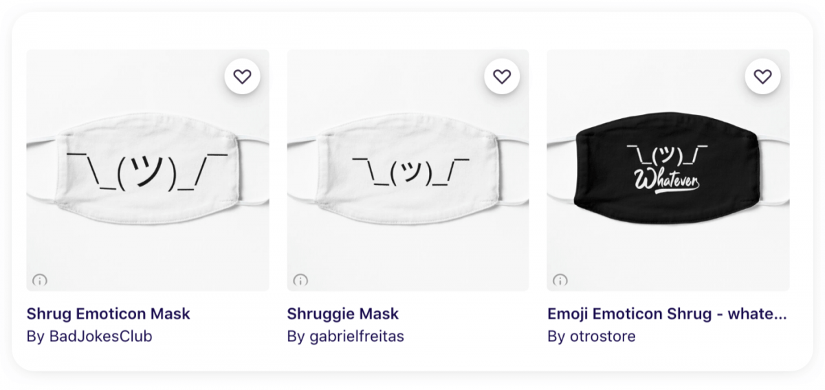 Three face masks with the shrug emoji