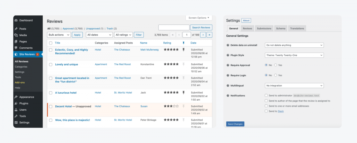 Site Review settings in wordpress