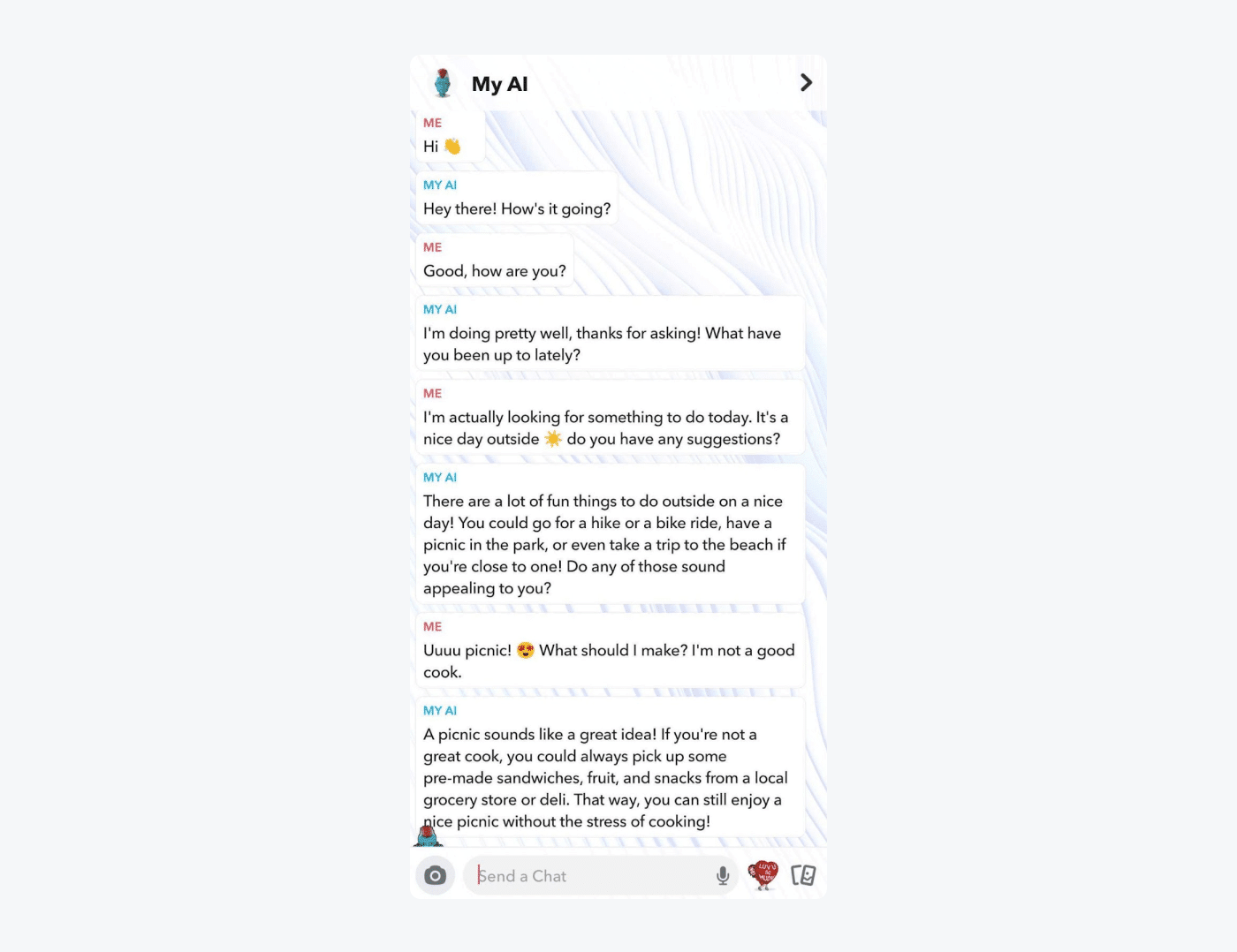 Snapchat My AI example Snapchat My AI example