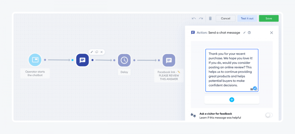 Social media chatbot script in Tidio panel