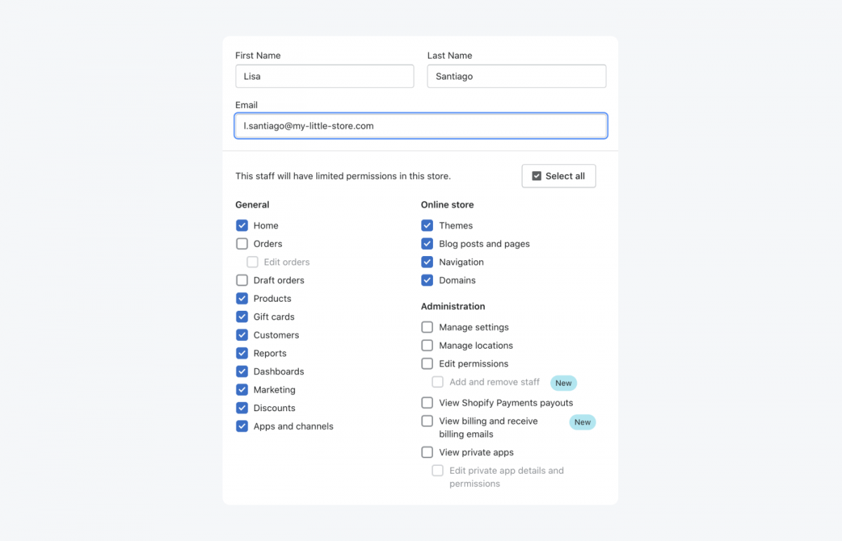 Staff permissions settings in Shopify