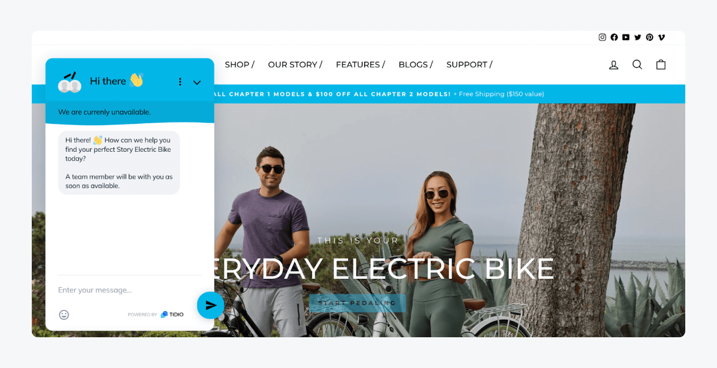 StoryBikes with live chat feature on homepage