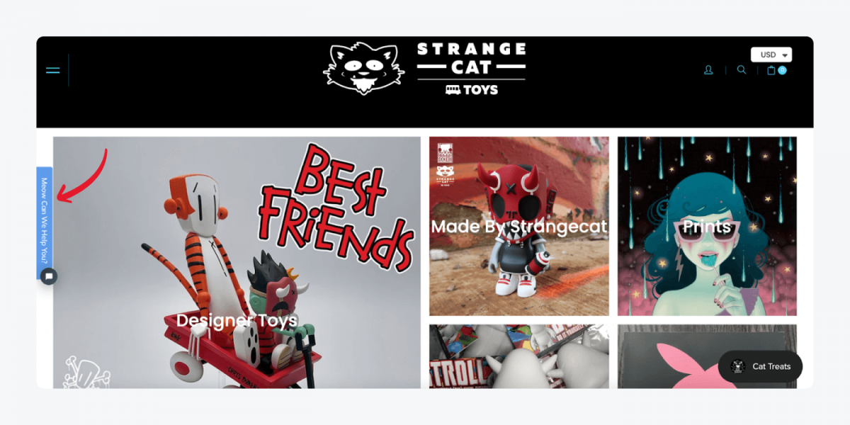 Strange Cat Toys' home page with a live chat bar on the left side of the screen