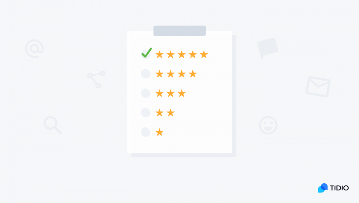An illustration with a survey sheet and star rating options to choose from