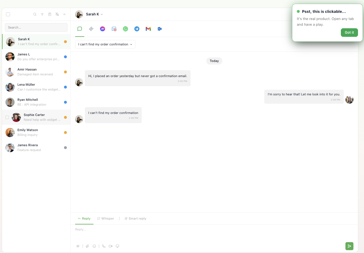 tawk.to inbox with an open chat and channel tabs