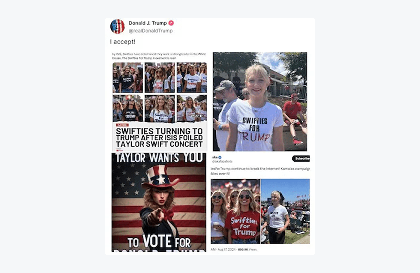 Trump's tweet about Taylor Swift's support