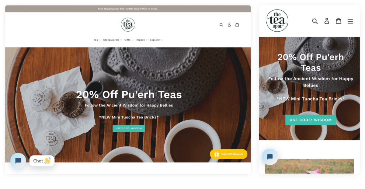 The Tea Spot homepage with live chat button