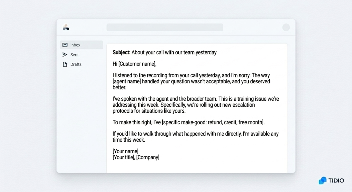 Apology email template for bad service experience example