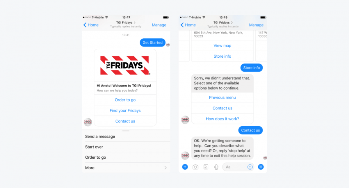 Restaurant chatbot example from TGI Fridays