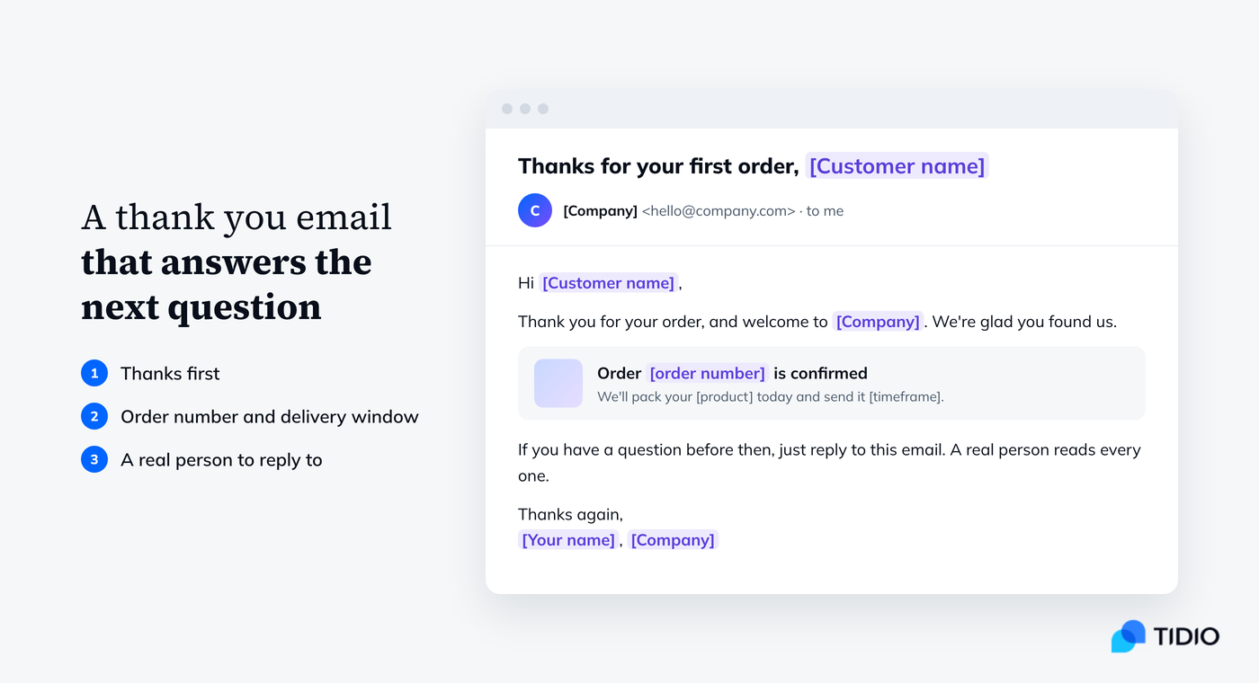 Thank you for your order email template for a first-time customer, with the order number and delivery window